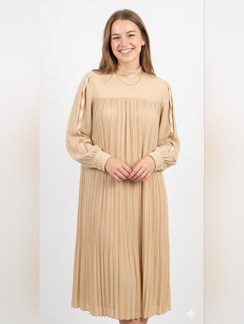VINTAGE Pleated Midi trapeze Dress with high neck Beige neutral tone Small @L